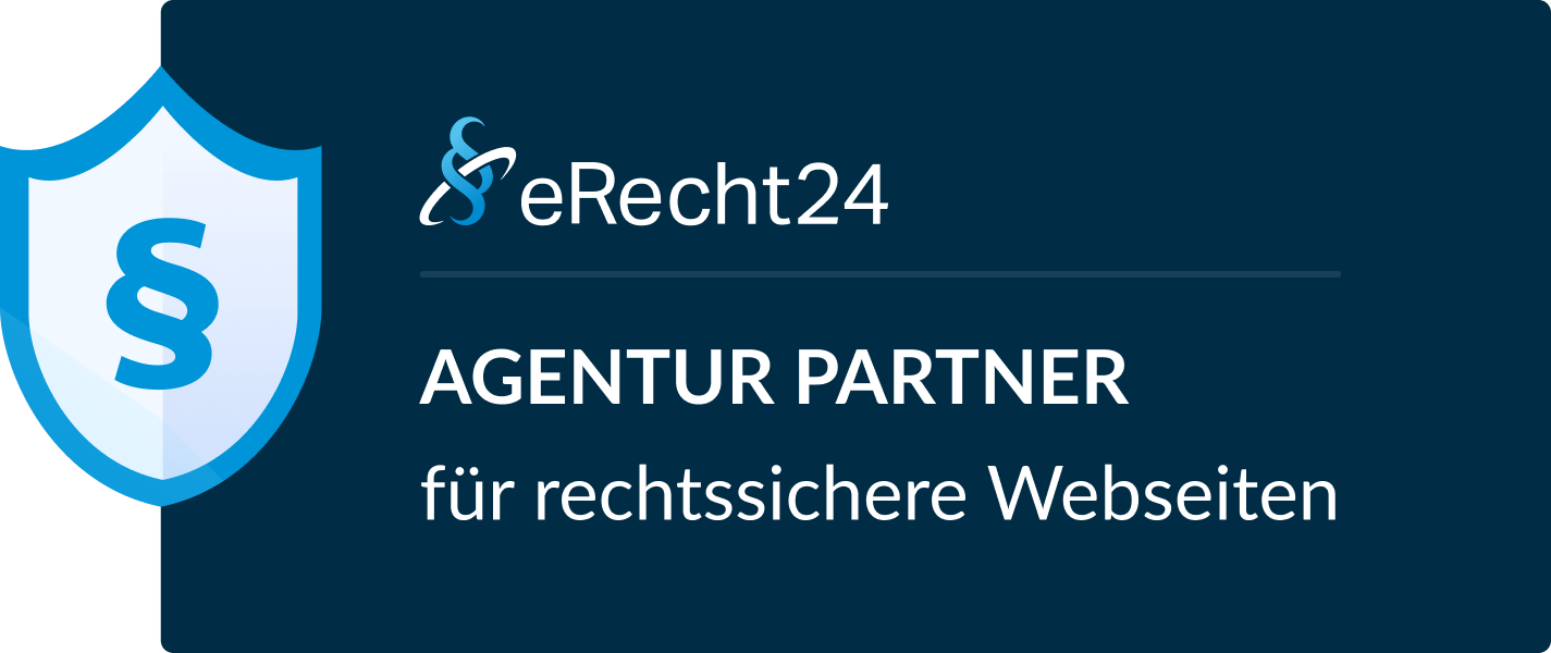 Dunkelblaues eRecht24-Siegel mit Schild, §-Symbol und Text zur rechtssicheren Website