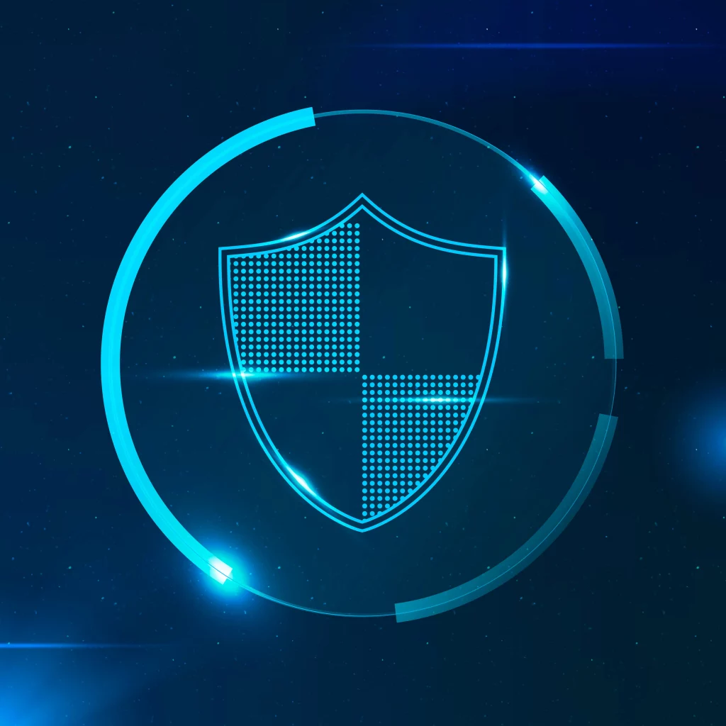 Leuchtendes digitales Schild auf dunkelblauem Hintergrund als Symbol für IT-Sicherheit