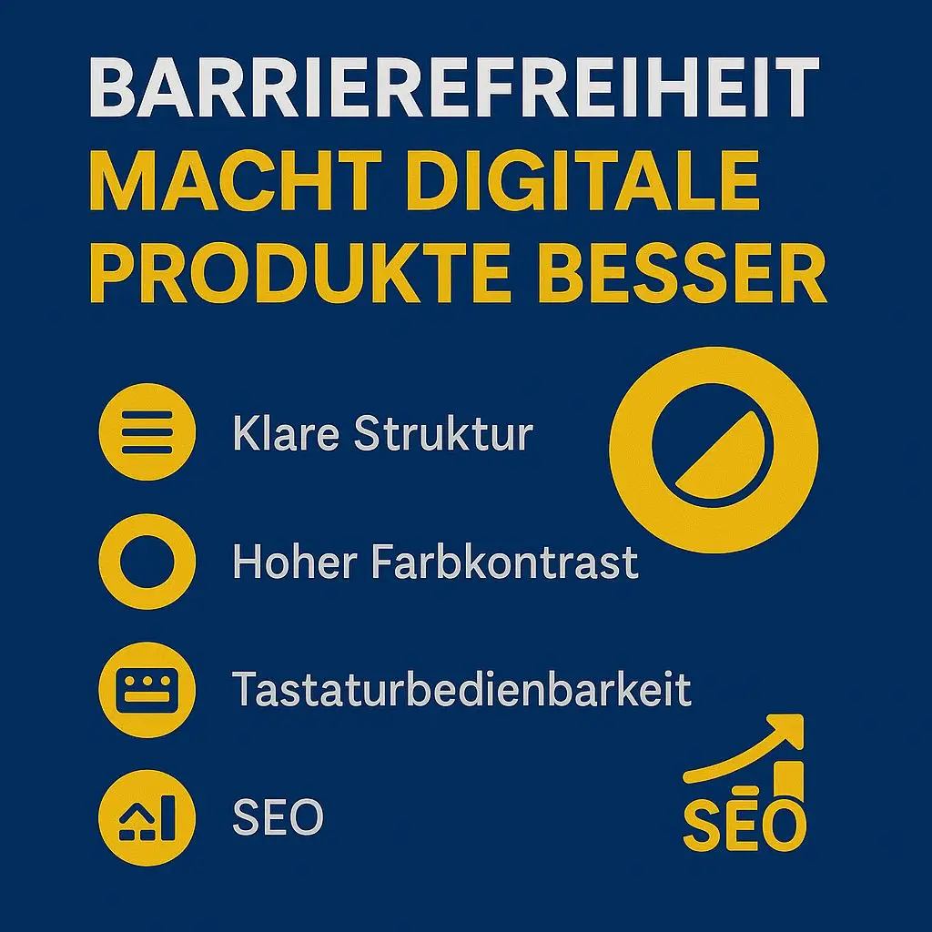 Infografik zur Barrierefreiheit mit Fokus auf Struktur, Kontrast, Tastatur und SEO-Vorteile
